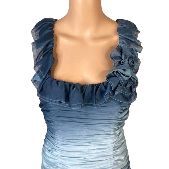 Adrianna Papell Blue Ombre Ruffle Rosette Ruched Sheath Dress Women's SZ 12 - Picture 2 of 7